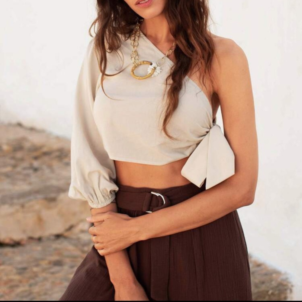 One Shoulder Bishop Sleeve Tie Side Top